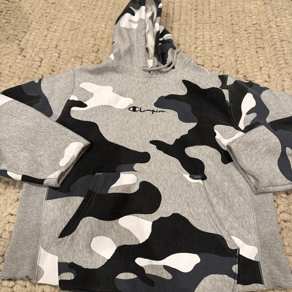Champion Y2K Camoflage Hoodie Sweatshirt Black Gray Cut Off Base And Sleeves M